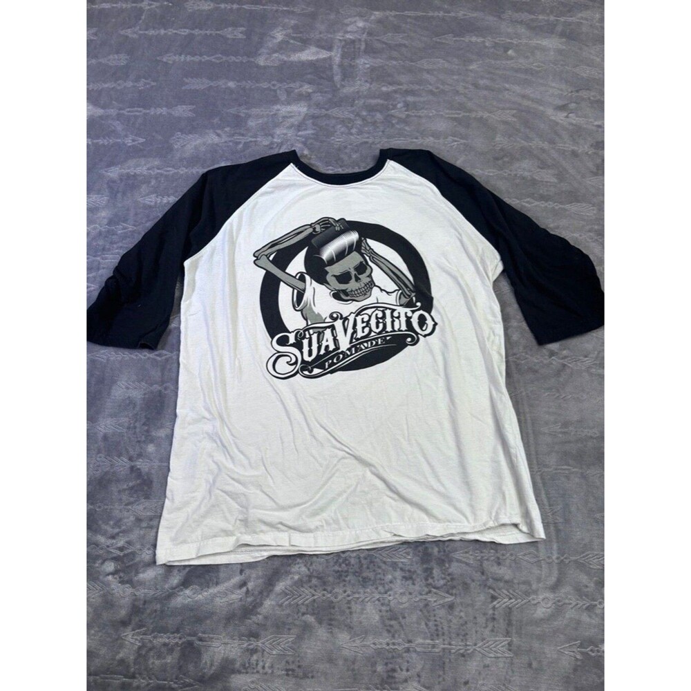 Suavecito Men's White/Black Baseball Raglan Tee - Large Graphic Print